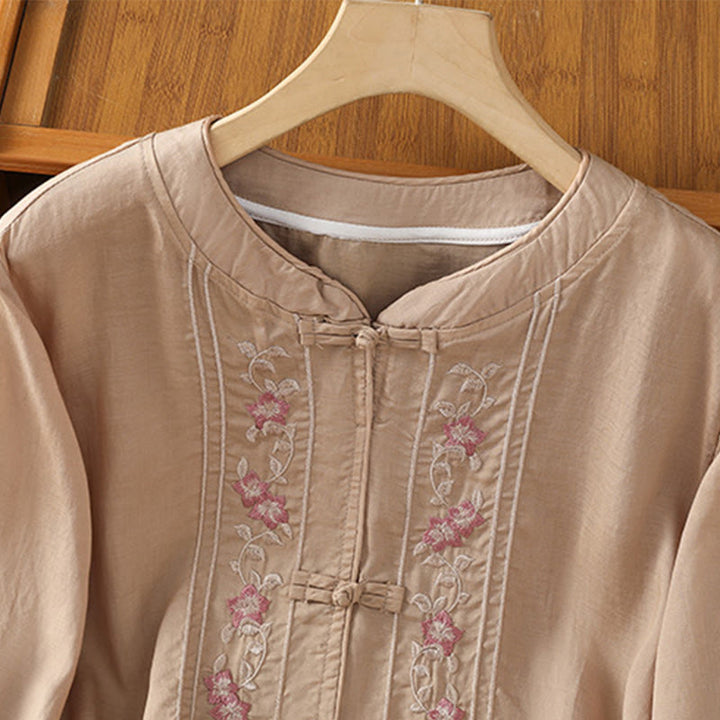 Koszula damska z kołnierzykiem stójkowym, bawełniana, poliestrowa, z krótkim rękawem i haftem w kształcie Buddha Stones - image 2