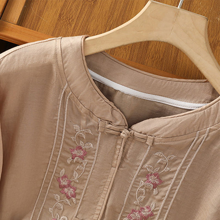 Koszula damska z kołnierzykiem stójkowym, bawełniana, poliestrowa, z krótkim rękawem i haftem w kształcie Buddha Stones - image 4