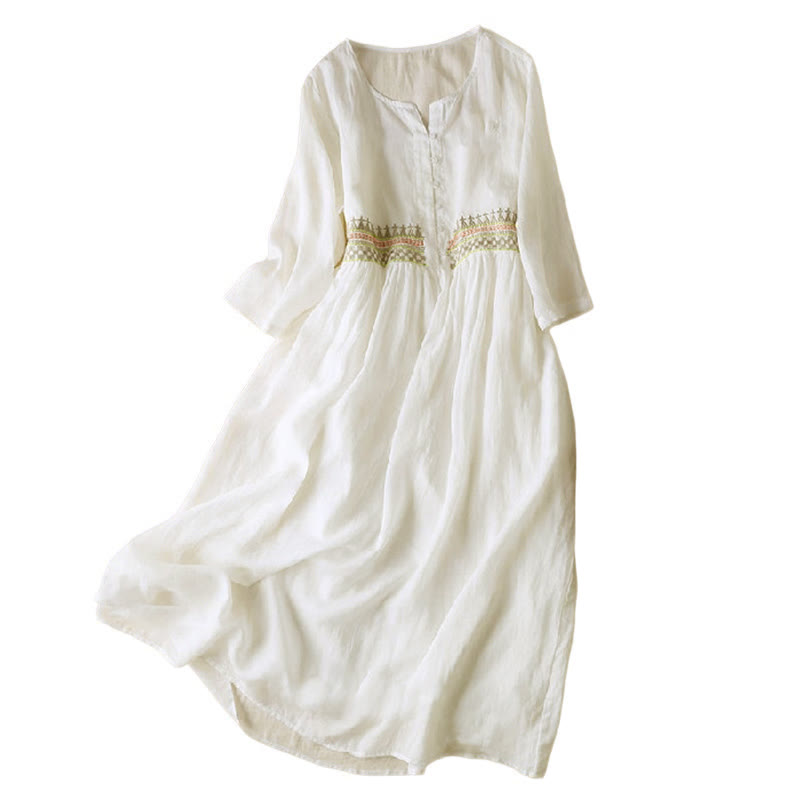 Buddha Stones Geometria Dziewięć ćwierć Rękaw Bawełna Damska Sukienka Midi Z Kieszeniami