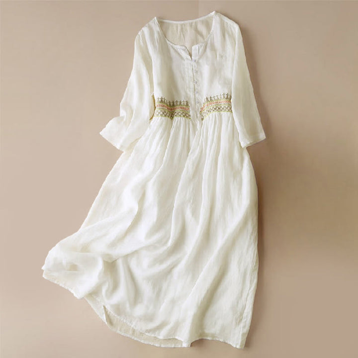 Buddha Stones Geometria Dziewięć ćwierć Rękaw Bawełna Damska Sukienka Midi Z Kieszeniami