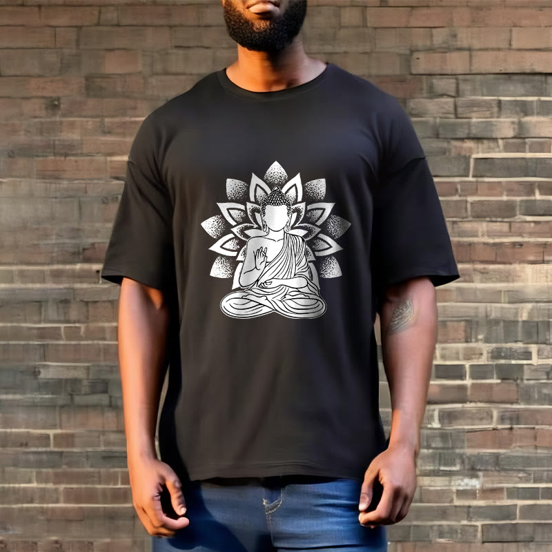 Buddha Stones Siedzący Budda Kwiat Lotosu Wzór T-shirt - image 5