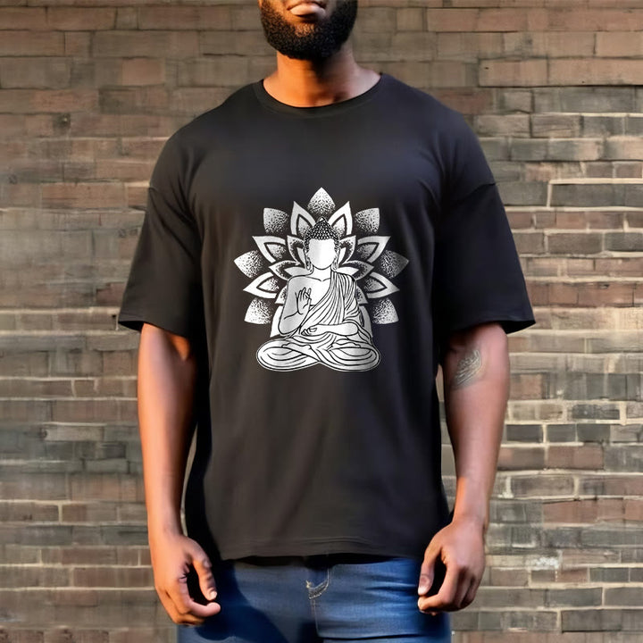 Buddha Stones Siedzący Budda Kwiat Lotosu Wzór T-shirt - image 5