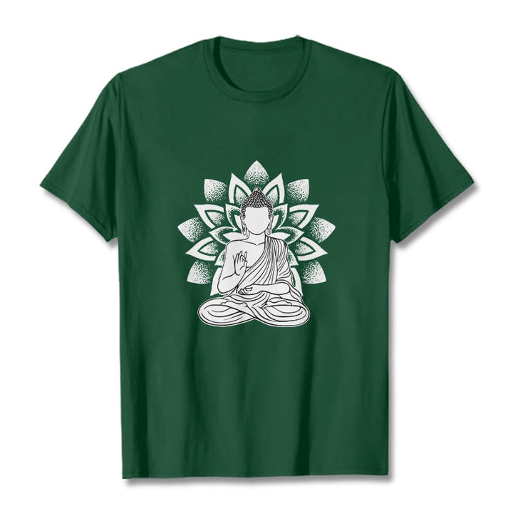 Buddha Stones Siedzący Budda Kwiat Lotosu Wzór T-shirt - ForestGreen - 2XL - image 1