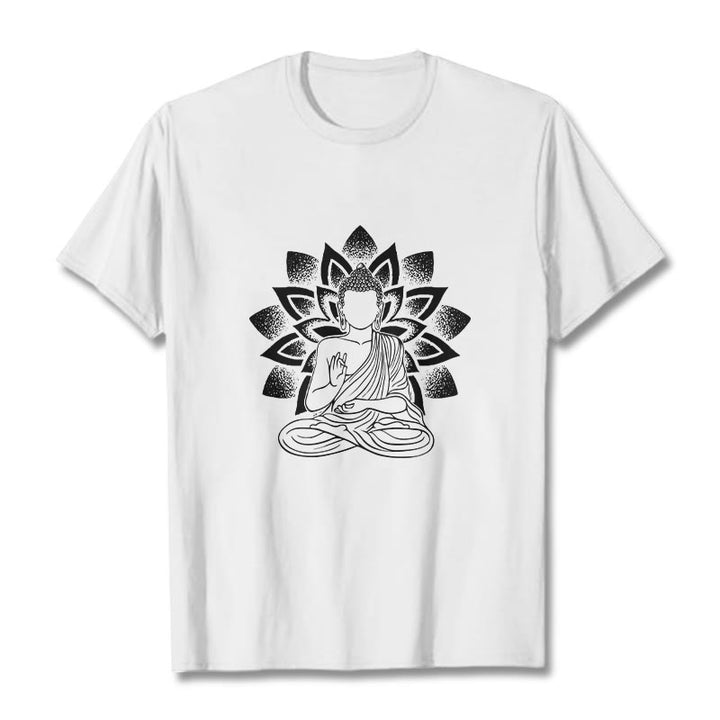 Buddha Stones Siedzący Budda Kwiat Lotosu Wzór T-shirt - Biały - 2XL - image 8