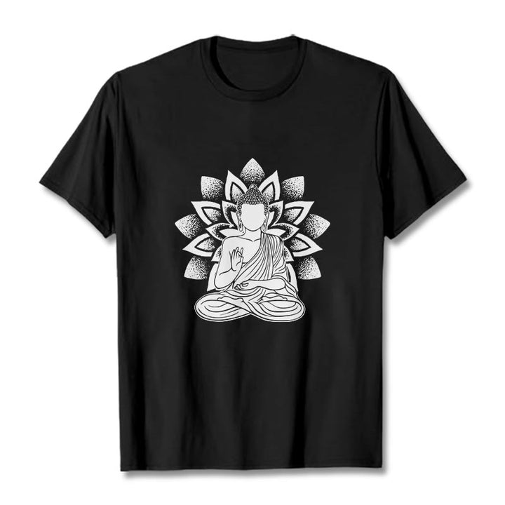 Buddha Stones Siedzący Budda Kwiat Lotosu Wzór T-shirt - Czarny - 2XL - image 4