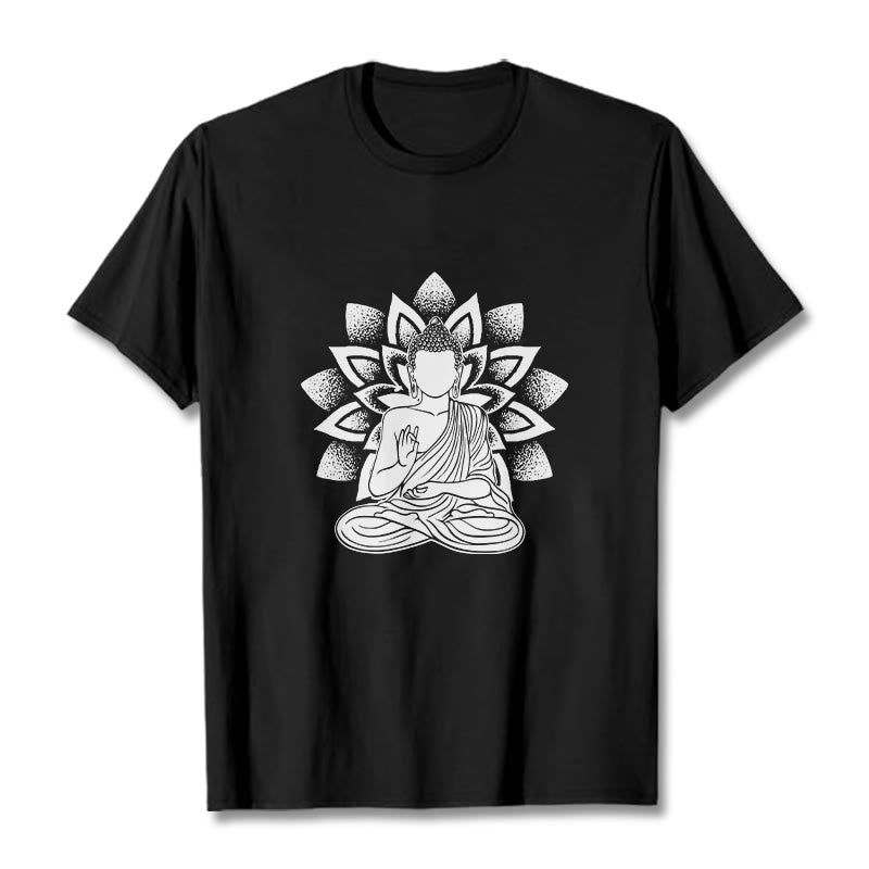 Buddha Stones Siedzący Budda Kwiat Lotosu Wzór T-shirt - Czarny - 2XL - image 3