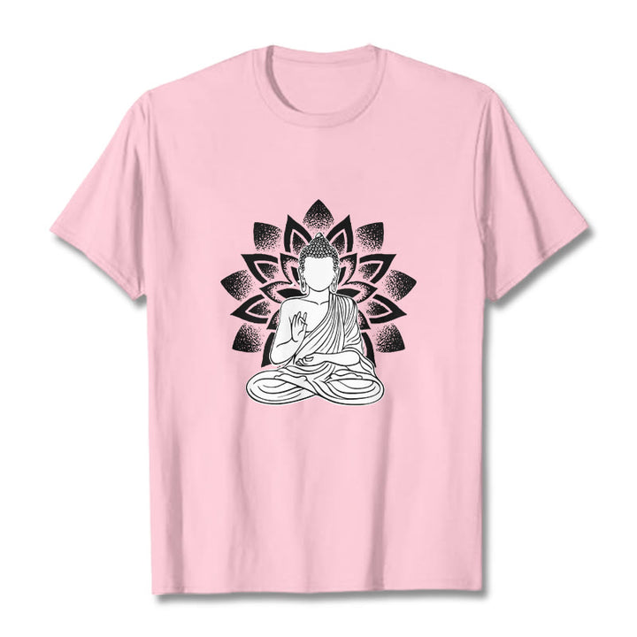 Buddha Stones Siedzący Budda Kwiat Lotosu Wzór T-shirt - Jasnoróżowy - 2XL - image 12