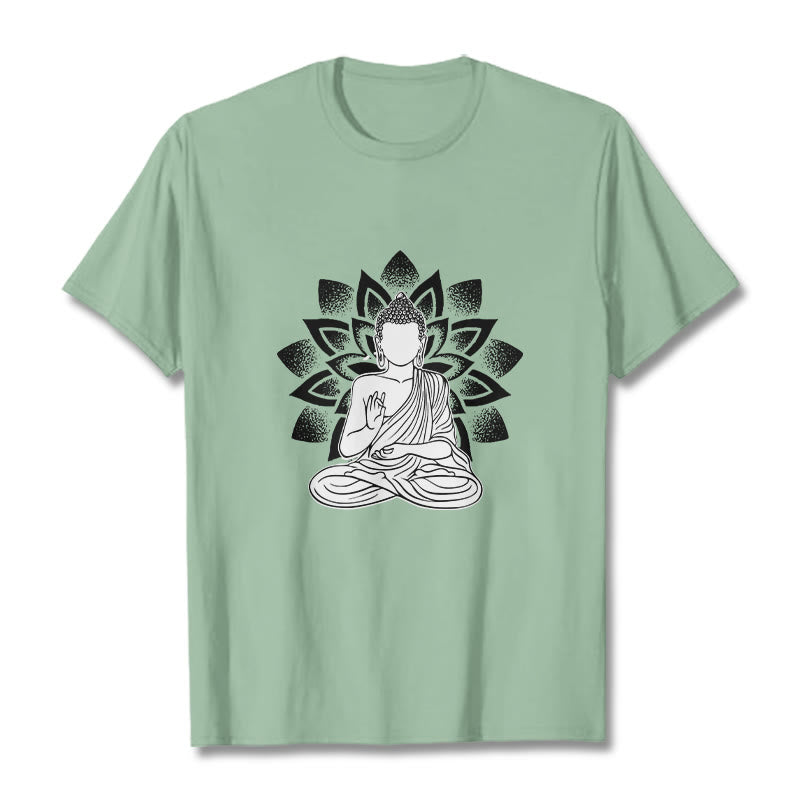 Buddha Stones Siedzący Budda Kwiat Lotosu Wzór T-shirt - PaleGreen - 2XL - image 15