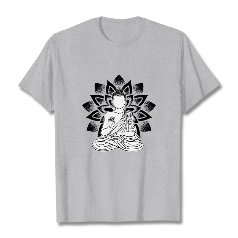 Buddha Stones Siedzący Budda Kwiat Lotosu Wzór T-shirt - Jasnoszary - 2XL - image 19