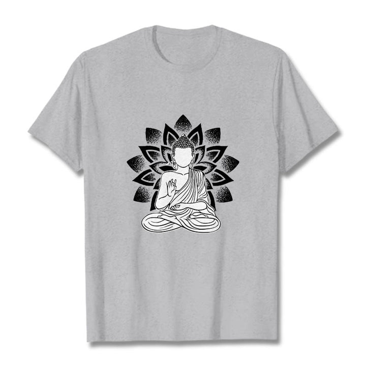 Buddha Stones Siedzący Budda Kwiat Lotosu Wzór T-shirt - Jasnoszary - 2XL - image 19