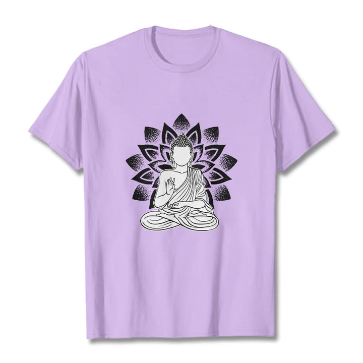 Buddha Stones Siedzący Budda Kwiat Lotosu Wzór T-shirt - Śliwka - 2XL - image 16