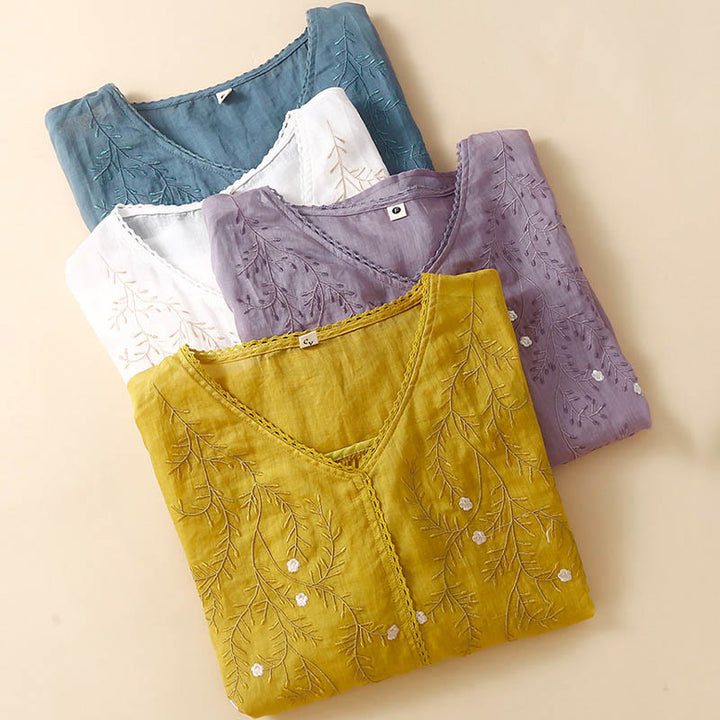 Buddha Stones Letnia swobodna kwiatowa gałązka haftowany wzór dekolt w serek pół rękawa bawełna len damska koszulka