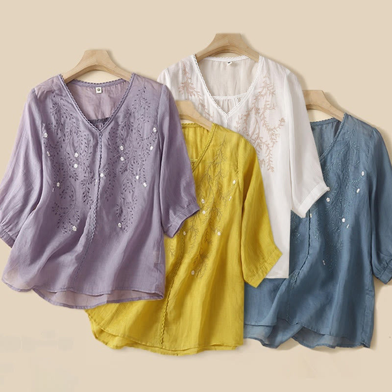 Buddha Stones Letnia swobodna kwiatowa gałązka haftowany wzór dekolt w serek pół rękawa bawełna len damska koszulka