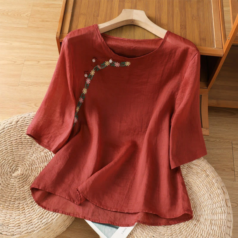 Buddha Stones Koszula damska z krótkim rękawem i okrągłym dekoltem, haftowana w kwiaty, bawełniana, poliestrowa - Cegła ogniotrwała - US14, UK/AU18, EU46 (2XL) - image 0