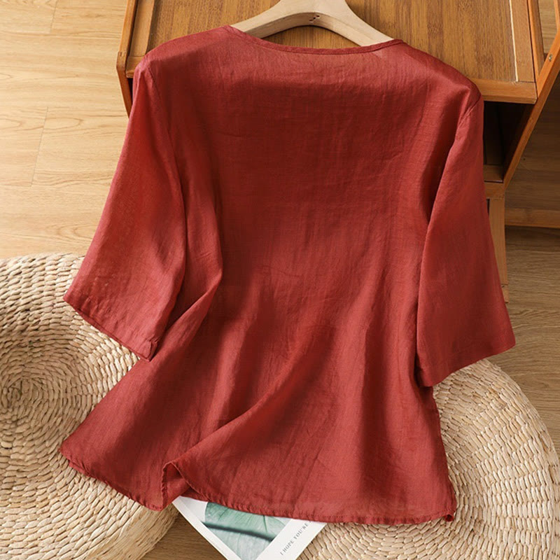 Buddha Stones Koszula damska z krótkim rękawem i okrągłym dekoltem, haftowana w kwiaty, bawełniana, poliestrowa - image 1