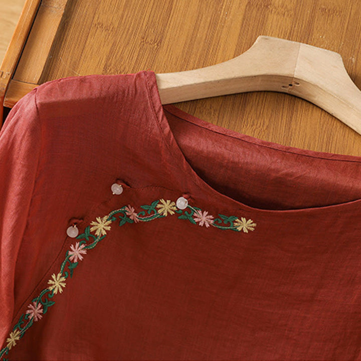 Buddha Stones Koszula damska z krótkim rękawem i okrągłym dekoltem, haftowana w kwiaty, bawełniana, poliestrowa - image 3