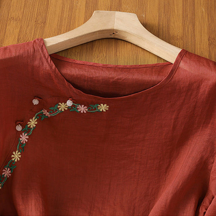 Buddha Stones Koszula damska z krótkim rękawem i okrągłym dekoltem, haftowana w kwiaty, bawełniana, poliestrowa - image 2