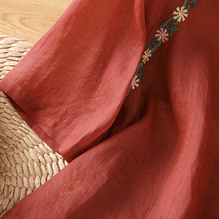 Buddha Stones Koszula damska z krótkim rękawem i okrągłym dekoltem, haftowana w kwiaty, bawełniana, poliestrowa - image 5