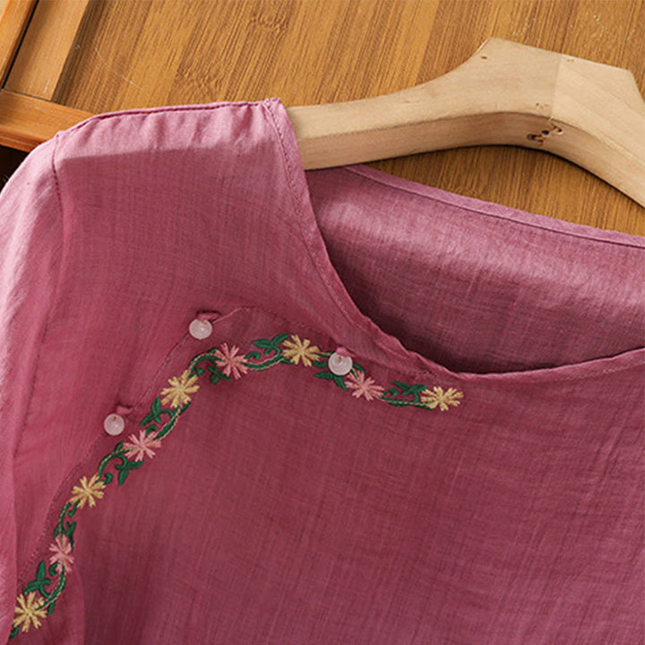 Buddha Stones Koszula damska z krótkim rękawem i okrągłym dekoltem, haftowana w kwiaty, bawełniana, poliestrowa - image 11