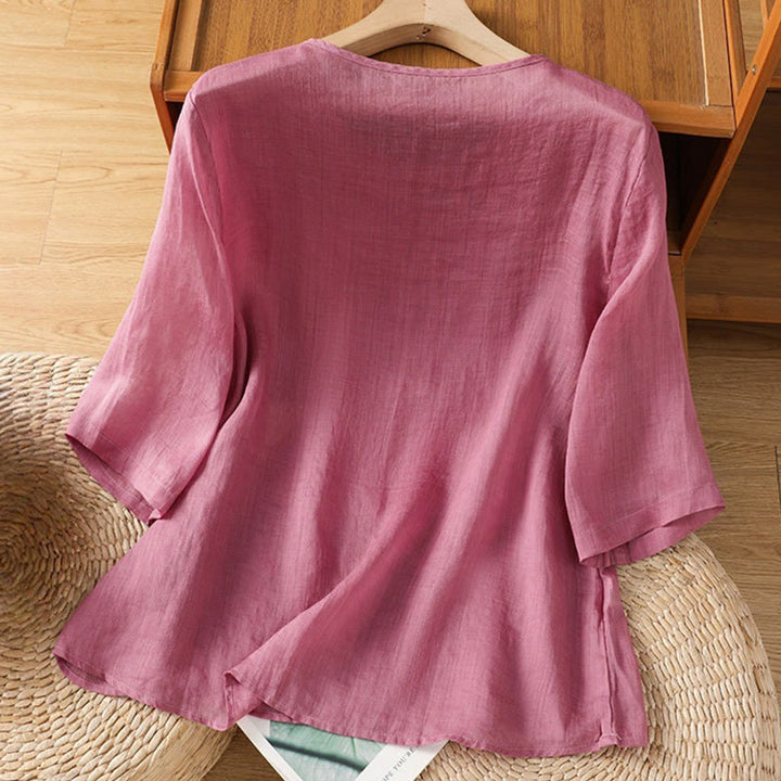 Buddha Stones Koszula damska z krótkim rękawem i okrągłym dekoltem, haftowana w kwiaty, bawełniana, poliestrowa - image 8