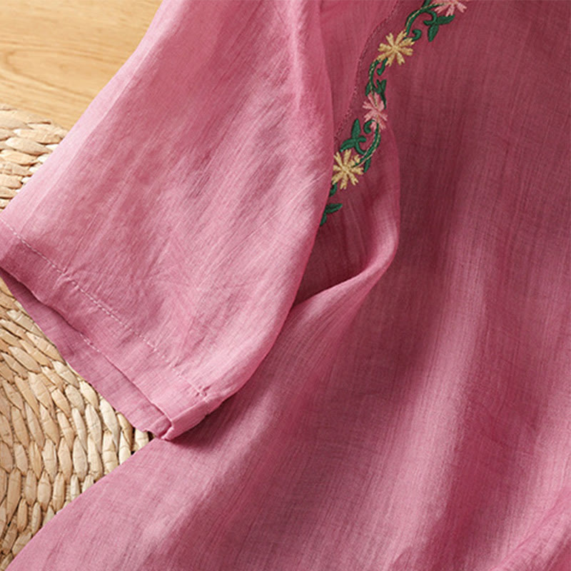 Buddha Stones Koszula damska z krótkim rękawem i okrągłym dekoltem, haftowana w kwiaty, bawełniana, poliestrowa - image 12