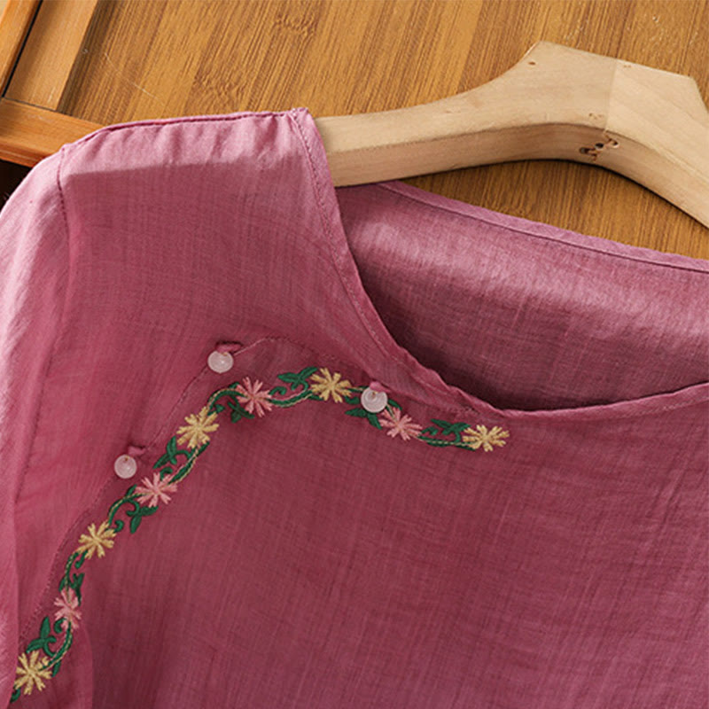 Buddha Stones Koszula damska z krótkim rękawem i okrągłym dekoltem, haftowana w kwiaty, bawełniana, poliestrowa - image 11