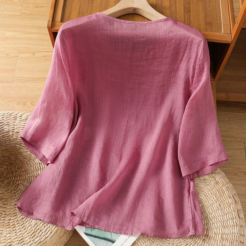 Buddha Stones Koszula damska z krótkim rękawem i okrągłym dekoltem, haftowana w kwiaty, bawełniana, poliestrowa - image 8