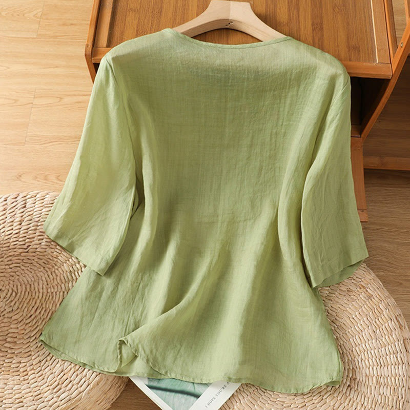 Buddha Stones Koszula damska z krótkim rękawem i okrągłym dekoltem, haftowana w kwiaty, bawełniana, poliestrowa - image 17