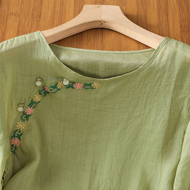 Buddha Stones Koszula damska z krótkim rękawem i okrągłym dekoltem, haftowana w kwiaty, bawełniana, poliestrowa - image 21