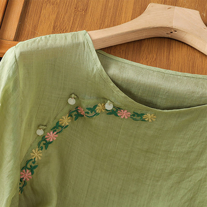 Buddha Stones Koszula damska z krótkim rękawem i okrągłym dekoltem, haftowana w kwiaty, bawełniana, poliestrowa - image 20