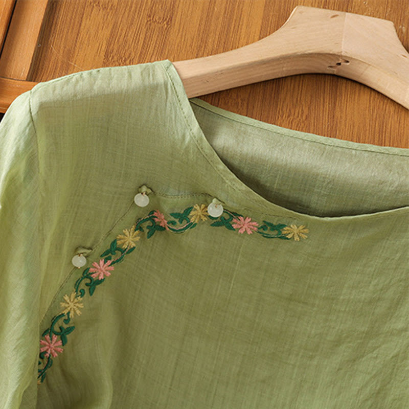 Buddha Stones Koszula damska z krótkim rękawem i okrągłym dekoltem, haftowana w kwiaty, bawełniana, poliestrowa - image 20