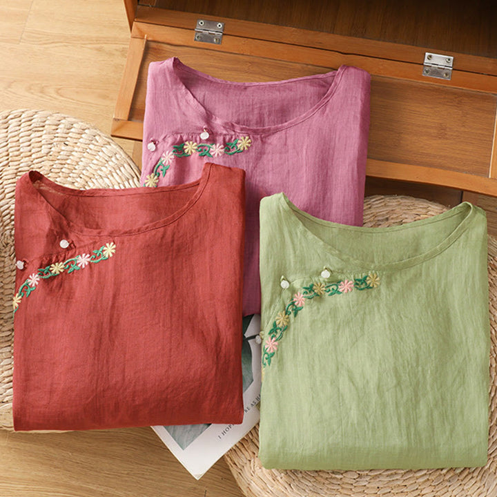 Buddha Stones Koszula damska z krótkim rękawem i okrągłym dekoltem, haftowana w kwiaty, bawełniana, poliestrowa - image 23