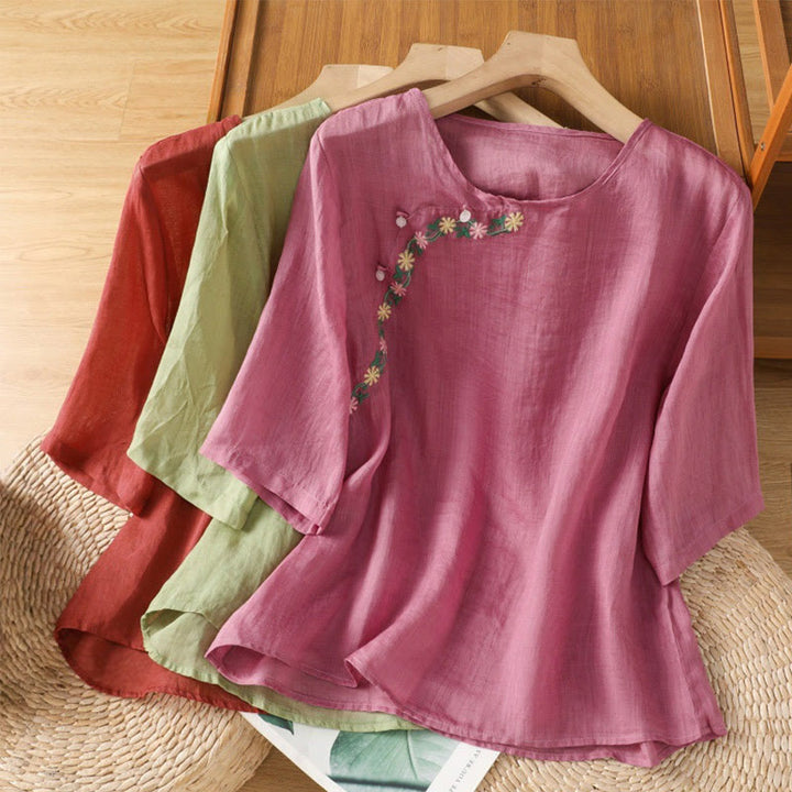 Buddha Stones Koszula damska z krótkim rękawem i okrągłym dekoltem, haftowana w kwiaty, bawełniana, poliestrowa - image 22