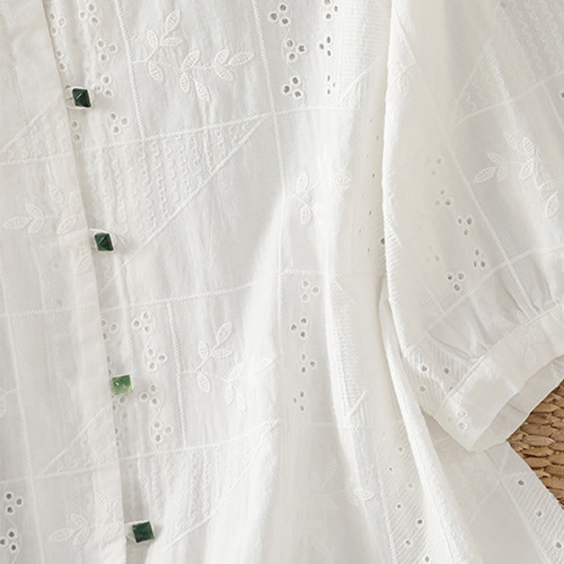 Koszula damska z okrągłym dekoltem i krótkim rękawem z haftem w stylu casual z Buddha Stones , bawełną i poliestrem - image 4