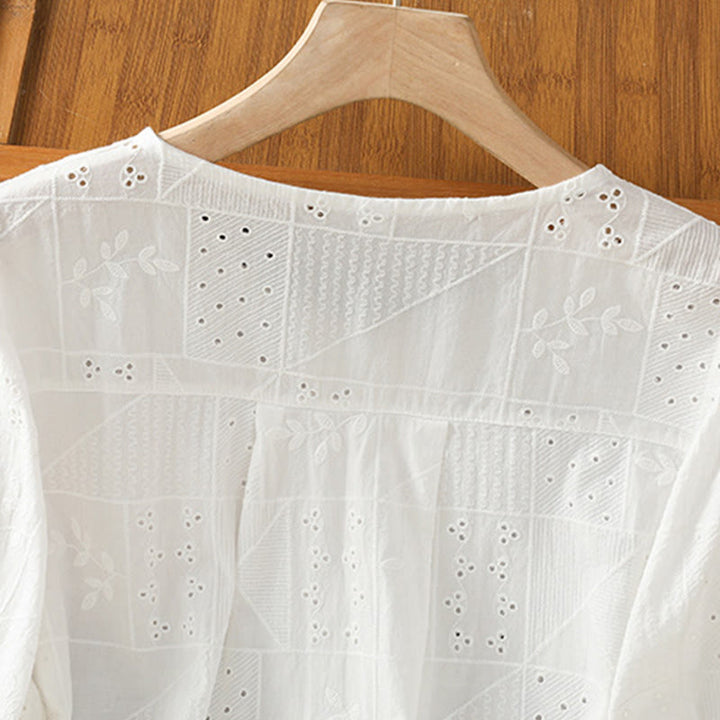 Koszula damska z okrągłym dekoltem i krótkim rękawem z haftem w stylu casual z Buddha Stones , bawełną i poliestrem - image 3