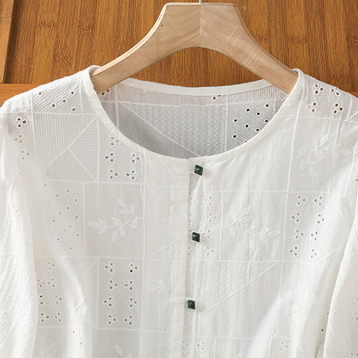 Koszula damska z okrągłym dekoltem i krótkim rękawem z haftem w stylu casual z Buddha Stones , bawełną i poliestrem - image 2