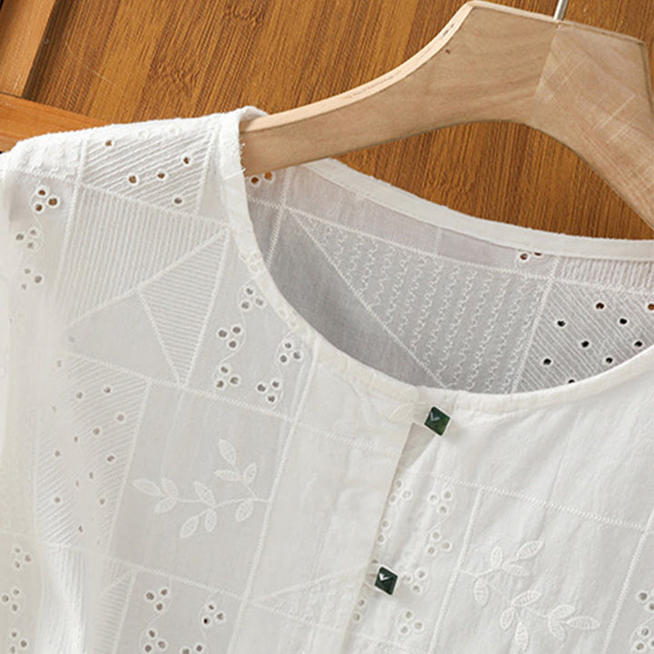 Koszula damska z okrągłym dekoltem i krótkim rękawem z haftem w stylu casual z Buddha Stones , bawełną i poliestrem - image 4