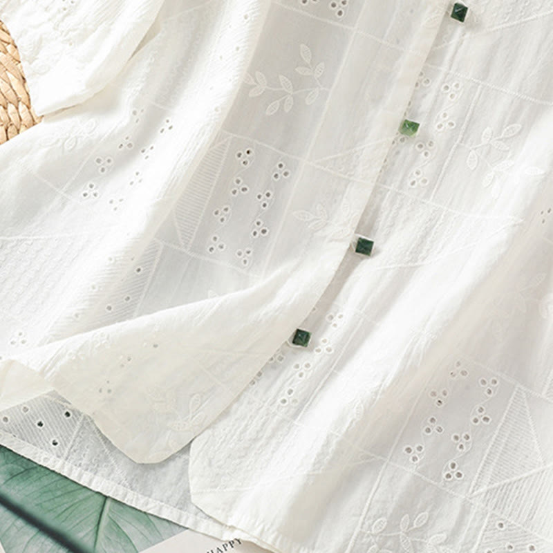 Koszula damska z okrągłym dekoltem i krótkim rękawem z haftem w stylu casual z Buddha Stones , bawełną i poliestrem - image 6