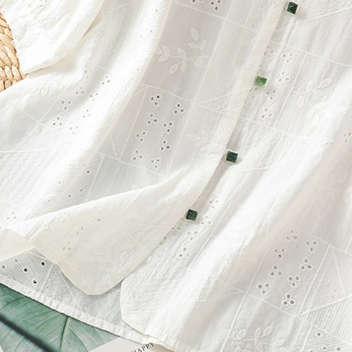 Koszula damska z okrągłym dekoltem i krótkim rękawem z haftem w stylu casual z Buddha Stones , bawełną i poliestrem - image 6