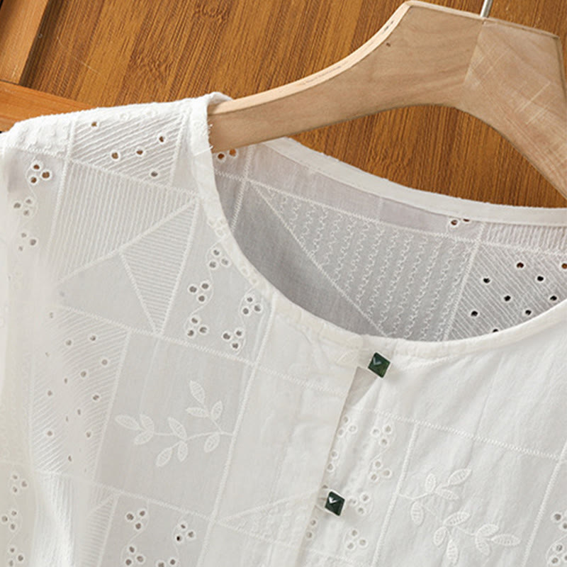 Koszula damska z okrągłym dekoltem i krótkim rękawem z haftem w stylu casual z Buddha Stones , bawełną i poliestrem - image 3