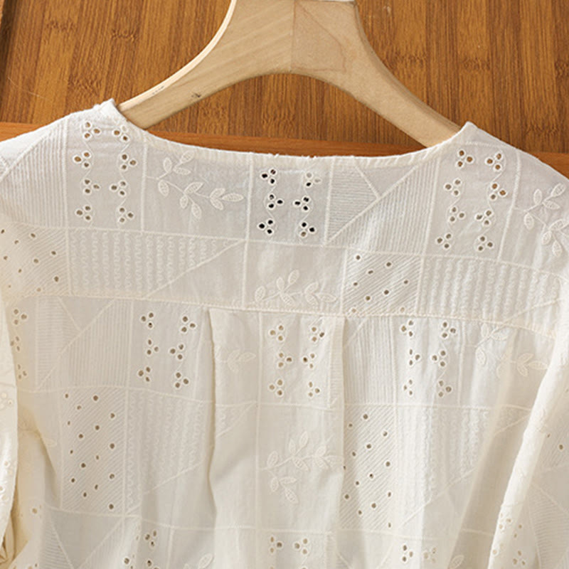 Koszula damska z okrągłym dekoltem i krótkim rękawem z haftem w stylu casual z Buddha Stones , bawełną i poliestrem - image 9