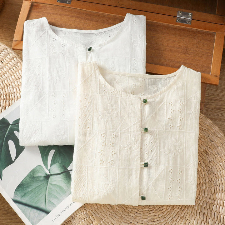 Koszula damska z okrągłym dekoltem i krótkim rękawem z haftem w stylu casual z Buddha Stones , bawełną i poliestrem - image 17