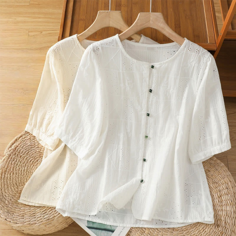 Koszula damska z okrągłym dekoltem i krótkim rękawem z haftem w stylu casual z Buddha Stones , bawełną i poliestrem - image 16