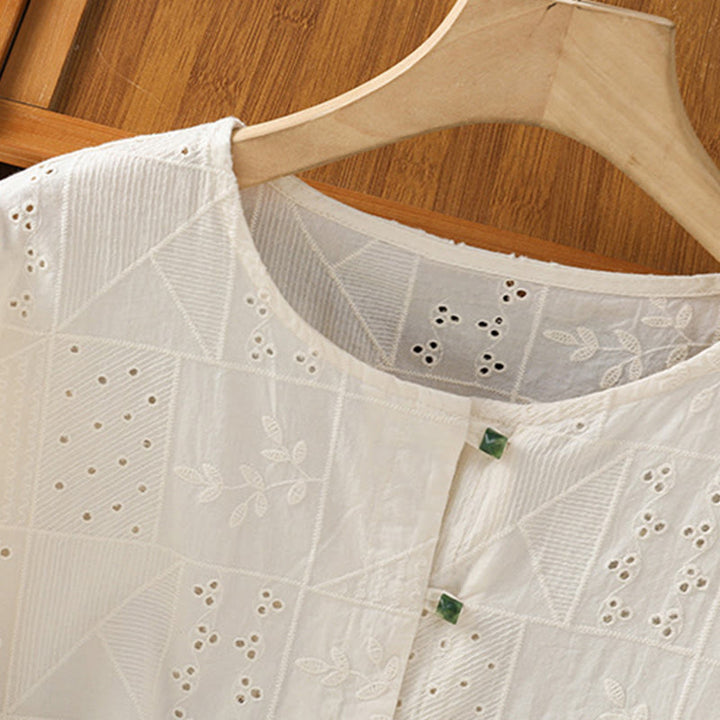 Koszula damska z okrągłym dekoltem i krótkim rękawem z haftem w stylu casual z Buddha Stones , bawełną i poliestrem - image 13