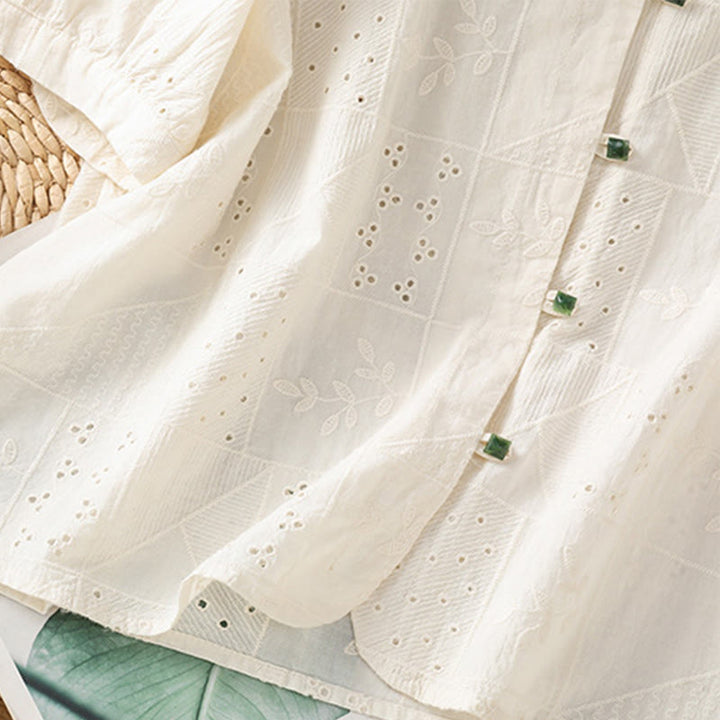 Koszula damska z okrągłym dekoltem i krótkim rękawem z haftem w stylu casual z Buddha Stones , bawełną i poliestrem - image 12