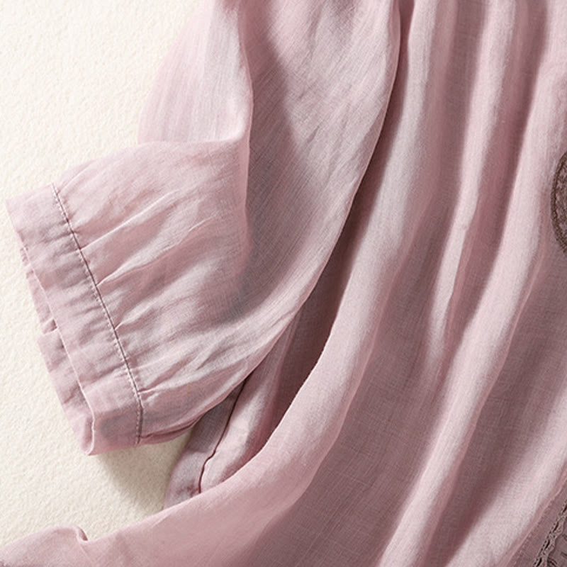 Buddha Stones Casual Haftowany Wzór Damski Dekolt w Serek Projekt Pół Rękawa Bawełna Lniana T-shirt - image 1