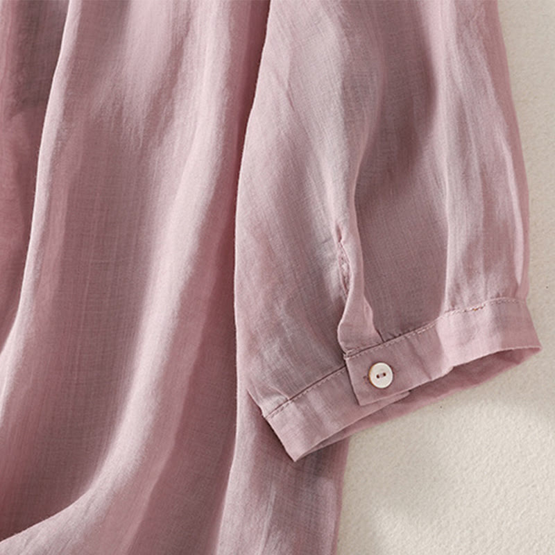 Buddha Stones Casual Haftowany Wzór Damski Dekolt w Serek Projekt Pół Rękawa Bawełna Lniana T-shirt - image 3