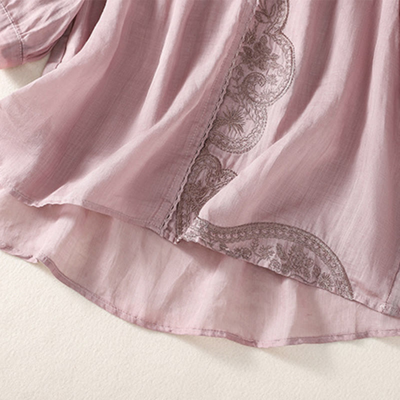 Buddha Stones Casual Haftowany Wzór Damski Dekolt w Serek Projekt Pół Rękawa Bawełna Lniana T-shirt - image 2