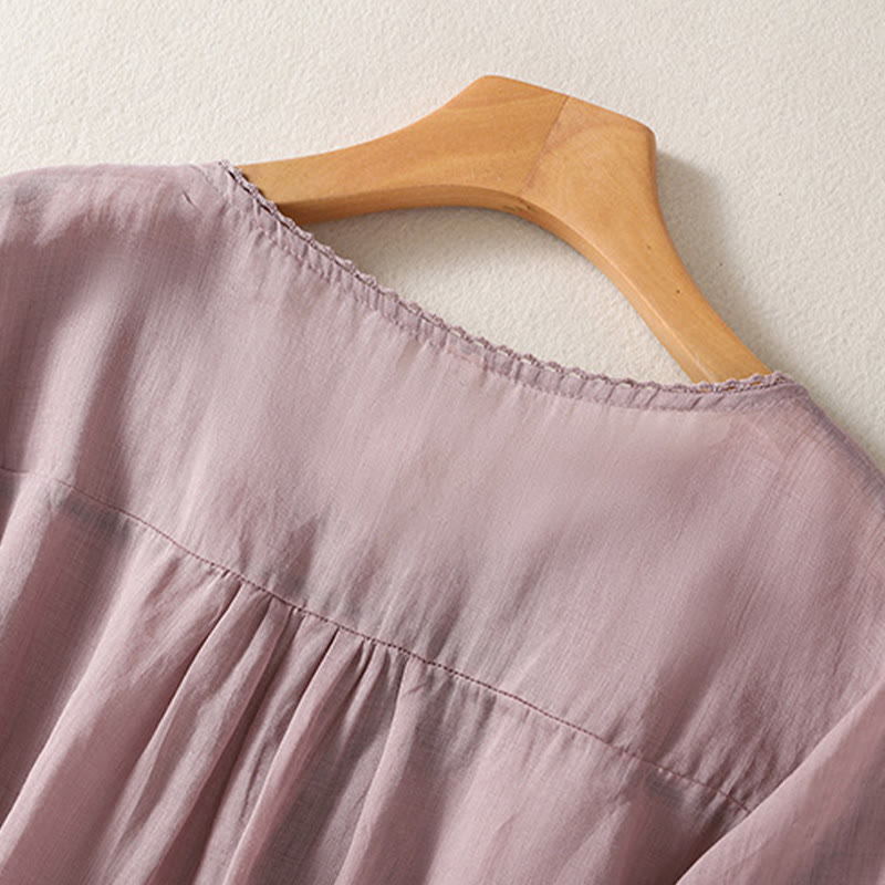 Buddha Stones Casual Haftowany Wzór Damski Dekolt w Serek Projekt Pół Rękawa Bawełna Lniana T-shirt - image 4