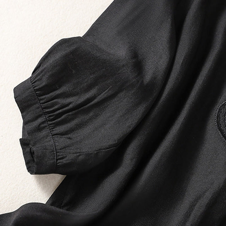 Buddha Stones Casual Haftowany Wzór Damski Dekolt w Serek Projekt Pół Rękawa Bawełna Lniana T-shirt - image 9